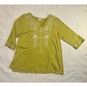 J.Jill Embroidered Tunic Top Lime Green Chartreuse 3/4 Sleeve Size L Boho Floral